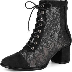 Ankle Boots for Women Black Rubber Lace Up Floral Lace Block Heels for Women